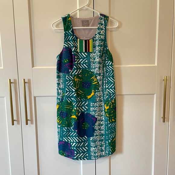 Anthropologie Teal Multi Graphic Hibiscus Shift Dress - Picture 1 of 5